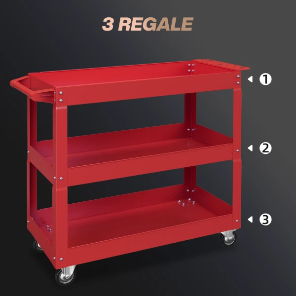 3 traps gereedschapswagen, 4 wielen, staal, 83b x 35,3t x 76h cm, rood 5