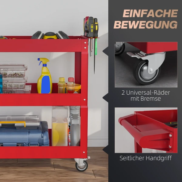3 traps gereedschapswagen, 4 wielen, staal, 83b x 35,3t x 76h cm, rood 6