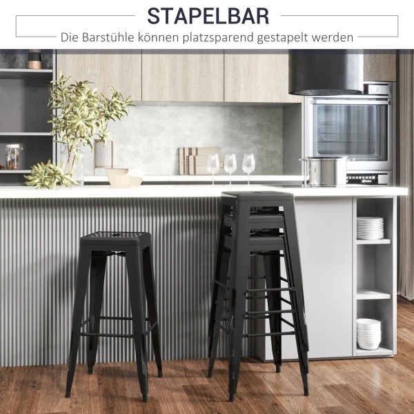 4 delige set barkrukken van metaal, voor binnen en buiten, stapelbaar ontwerp, zwart 7
