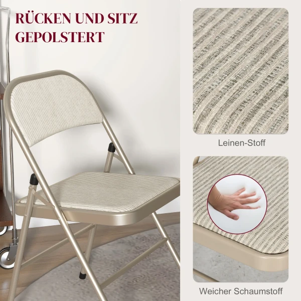 4 delige set klapstoelen, draagbare bureaustoelen, stalen poten, vouwstoel voor kantoor, receptie, wachtkamer, linnenlook beige 5