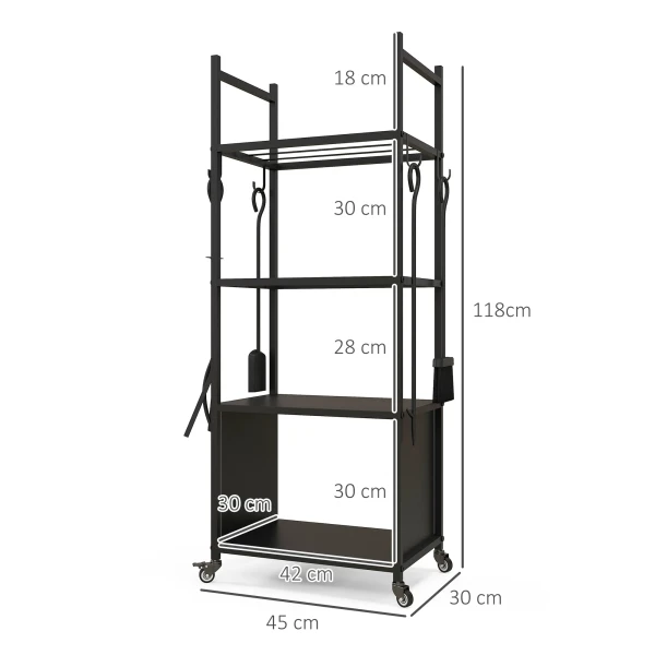 4 laags brandhoutrek met wielen en 4 gereedschappen, metalen brandhoutrek voor binnen en buitengebruik, zwart 4