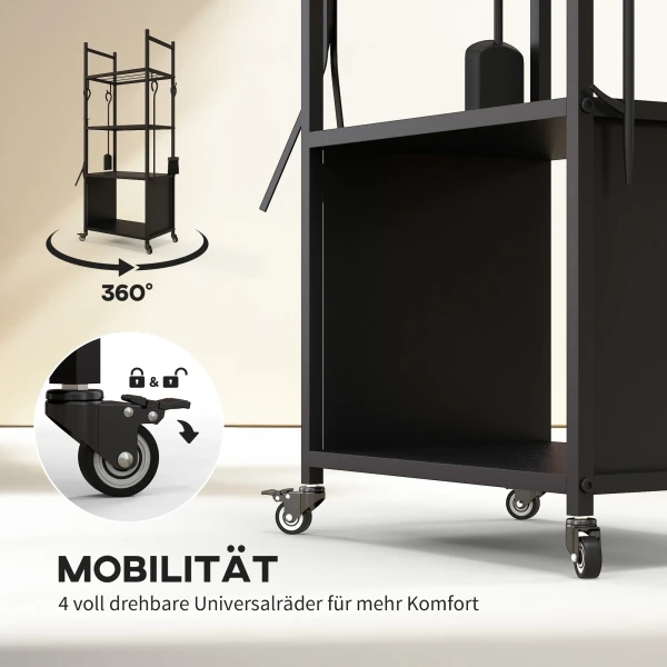 4 laags brandhoutrek met wielen en 4 gereedschappen, metalen brandhoutrek voor binnen en buitengebruik, zwart 6