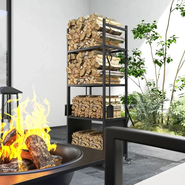 4 laags brandhoutrek met wielen en 4 gereedschappen, metalen brandhoutrek voor binnen en buitengebruik, zwart 9