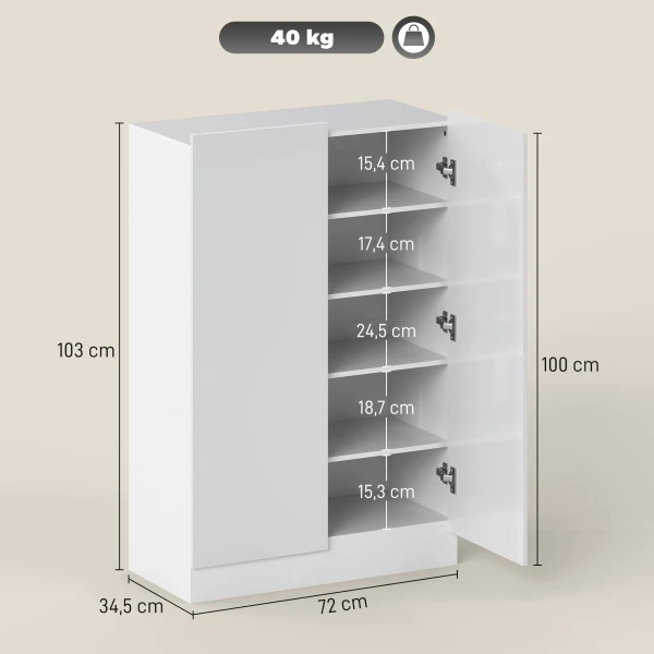 5 laags schoenenkast voor 20 paar schoenen, verstelbare planken, voor entree, gang, hout, wit 4