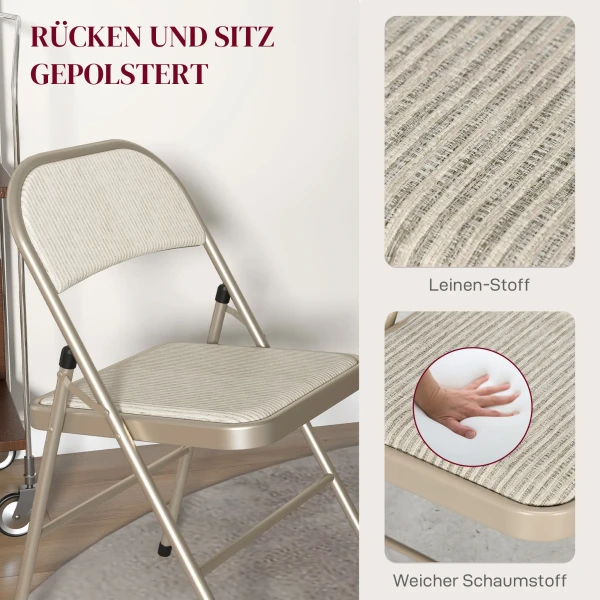 6 delige set klapstoelen, draagbare kantoorstoelen, stalen poten, vouwstoel voor kantoor, receptie, wachtkamer, linnenlook beige 5