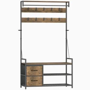 6 in 1 garderoberek met zitbank en schoenenrek, industriële stijl, 10 haken, 2 stoffen lades, metaal, bruin 1