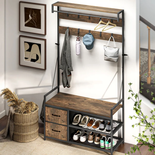 6 in 1 garderoberek met zitbank en schoenenrek, industriële stijl, 10 haken, 2 stoffen lades, metaal, bruin 10