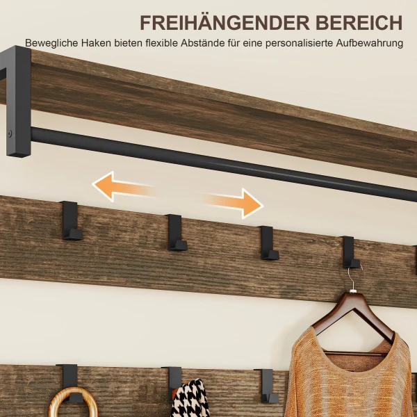 6 in 1 garderoberek met zitbank en schoenenrek, industriële stijl, 10 haken, 2 stoffen lades, metaal, bruin 6