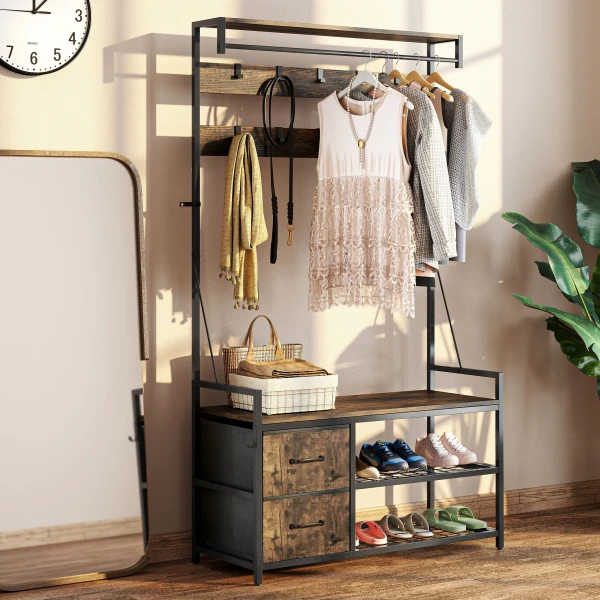 6 in 1 garderoberek met zitbank en schoenenrek, industriële stijl, 10 haken, 2 stoffen lades, metaal, bruin 9