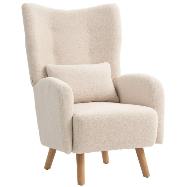 Accentstoel, gestoffeerde stoel met pluche bekleding, schuimkussen, oorfauteuil, beige 1