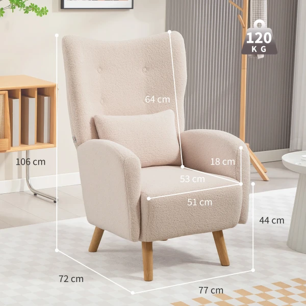 Accentstoel, gestoffeerde stoel met pluche bekleding, schuimkussen, oorfauteuil, beige 4
