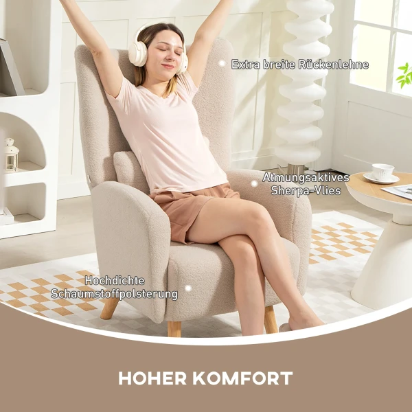 Accentstoel, gestoffeerde stoel met pluche bekleding, schuimkussen, oorfauteuil, beige 5