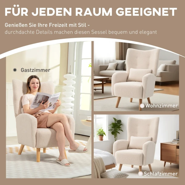 Accentstoel, gestoffeerde stoel met pluche bekleding, schuimkussen, oorfauteuil, beige 7