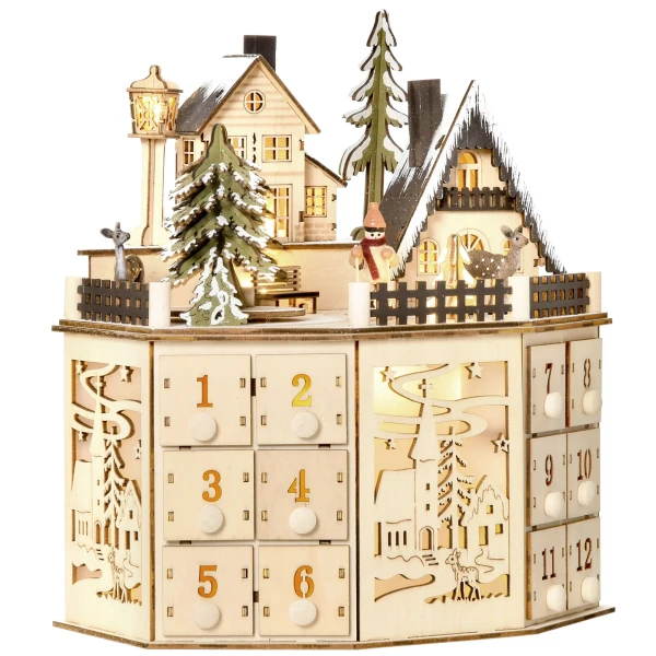 Adventskalender adventskalenderbox kerstdecoratie, led lampjes, 24 lades, natuur 1