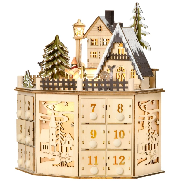 Adventskalender adventskalenderbox kerstdecoratie, led lampjes, 24 lades, natuur 10