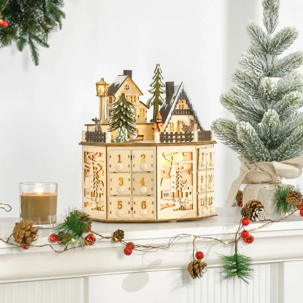 Adventskalender adventskalenderbox kerstdecoratie, led lampjes, 24 lades, natuur 2