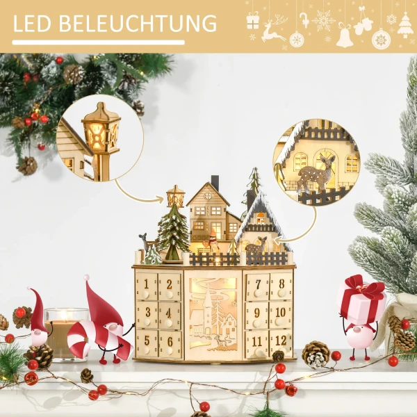 Adventskalender adventskalenderbox kerstdecoratie, led lampjes, 24 lades, natuur 5