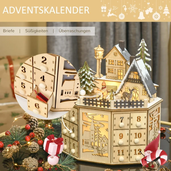 Adventskalender adventskalenderbox kerstdecoratie, led lampjes, 24 lades, natuur 6