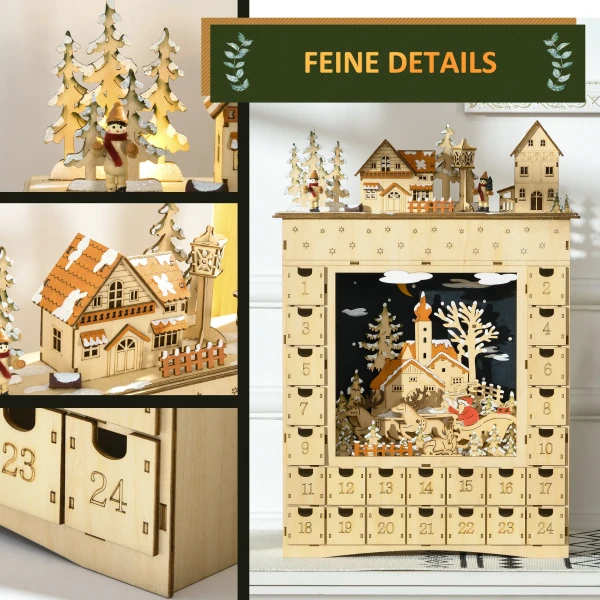 Adventskalender om te vullen 24 lades vakken kerstkalender met led lichten natuurhout 36 x 9 x 52 cm 7