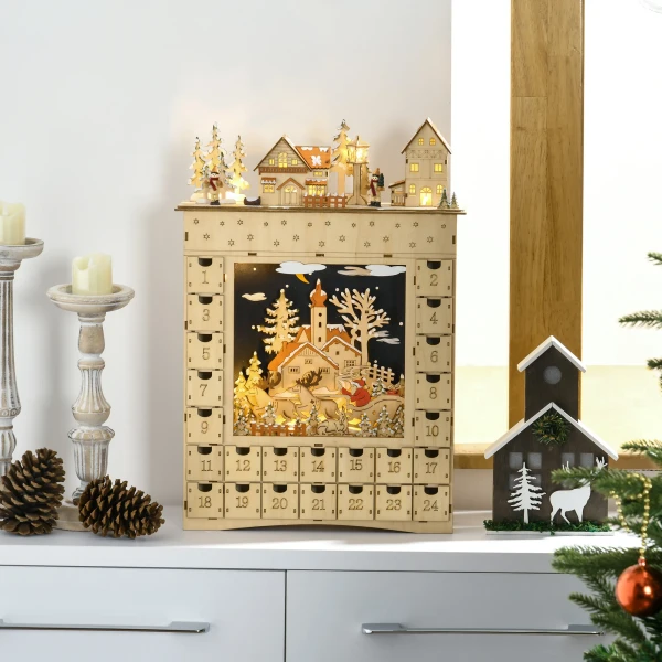 Adventskalender om te vullen 24 lades vakken kerstkalender met led lichten natuurhout 36 x 9 x 52 cm 8