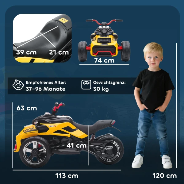 Aiyaplay elektrisch kindervoertuig, omgekeerd driewieler design, batterij aangedreven, mp3 speler, claxon, 2 snelheden, led lampen, 3 8 jaar, geel 4