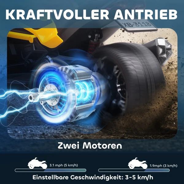 Aiyaplay elektrisch kindervoertuig, omgekeerd driewieler design, batterij aangedreven, mp3 speler, claxon, 2 snelheden, led lampen, 3 8 jaar, geel 5