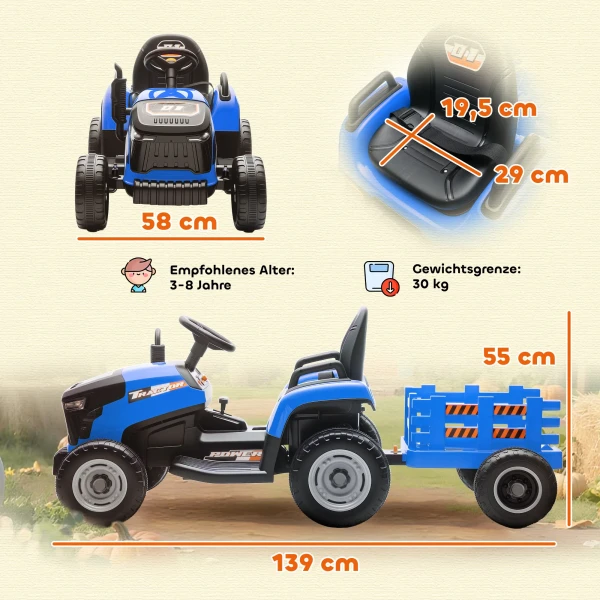 Aiyaplay elektrische kindtractor, opzit tractor met afstandsbediening, zachte start, voor kinderen van 3 8 jaar, blauw 4