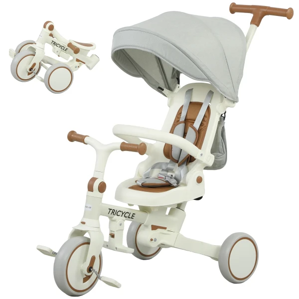 Aiyaplay kinder driewieler, omvormbare baby buggy, 5 in 1 ontwerp, afneembare duwstang, verstelbaar, veiligheidsgordel, opbergtas, 1 3 jaar, crèmewit 1