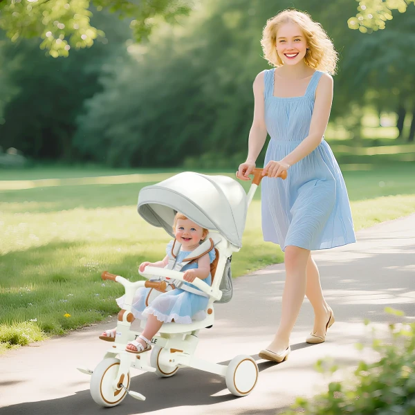 Aiyaplay kinder driewieler, omvormbare baby buggy, 5 in 1 ontwerp, afneembare duwstang, verstelbaar, veiligheidsgordel, opbergtas, 1 3 jaar, crèmewit 2