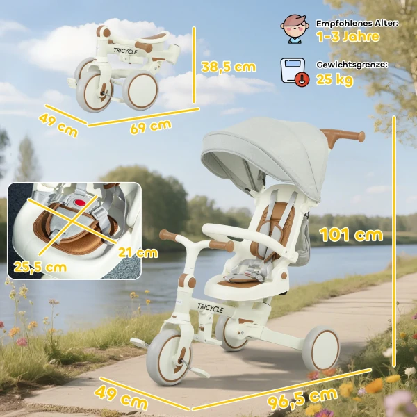 Aiyaplay kinder driewieler, omvormbare baby buggy, 5 in 1 ontwerp, afneembare duwstang, verstelbaar, veiligheidsgordel, opbergtas, 1 3 jaar, crèmewit 4