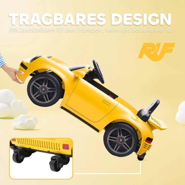 Aiyaplay kinder elektrische auto, 12v kinderwagen met afstandsbediening, zachte start, mp3 speler, led lampen, claxon, energie indicator, geel 10