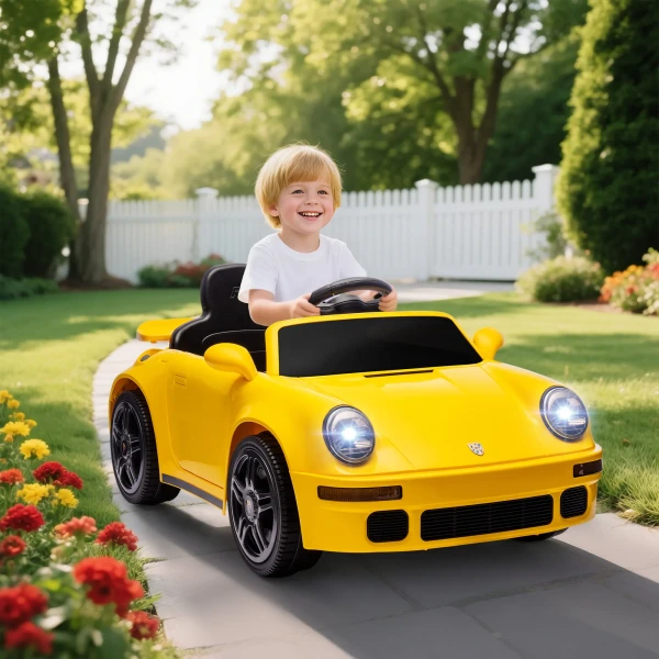 Aiyaplay kinder elektrische auto, 12v kinderwagen met afstandsbediening, zachte start, mp3 speler, led lampen, claxon, energie indicator, geel 2
