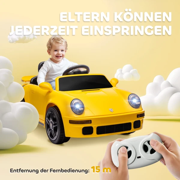 Aiyaplay kinder elektrische auto, 12v kinderwagen met afstandsbediening, zachte start, mp3 speler, led lampen, claxon, energie indicator, geel 8