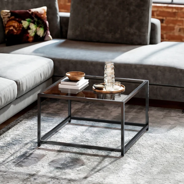 Bijzettafel vierkant nachtkastje met gehard glazen tafelblad, salontafel met stalen poten 68 x 68 x 39 cm zwart 10