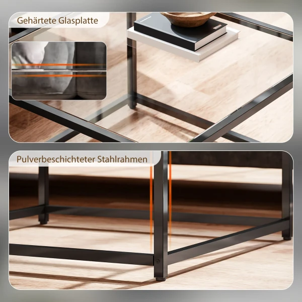 Bijzettafel vierkant nachtkastje met gehard glazen tafelblad, salontafel met stalen poten 68 x 68 x 39 cm zwart 6
