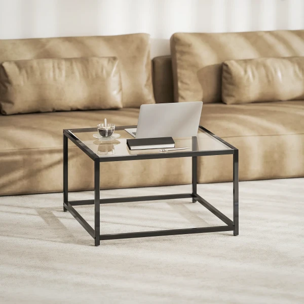 Bijzettafel vierkant nachtkastje met gehard glazen tafelblad, salontafel met stalen poten 68 x 68 x 39 cm zwart 7