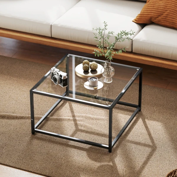 Bijzettafel vierkant nachtkastje met gehard glazen tafelblad, salontafel met stalen poten 68 x 68 x 39 cm zwart 8