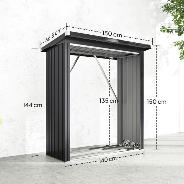 Brandhout schuur, brandhout onderstand, staal, verhoogde vloer, schuin dak, 150 x 66,5 x 150 cm, donkergrijs 4