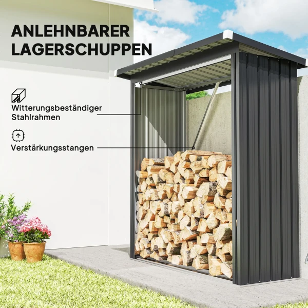 Brandhout schuur, brandhout onderstand, staal, verhoogde vloer, schuin dak, 150 x 66,5 x 150 cm, donkergrijs 5