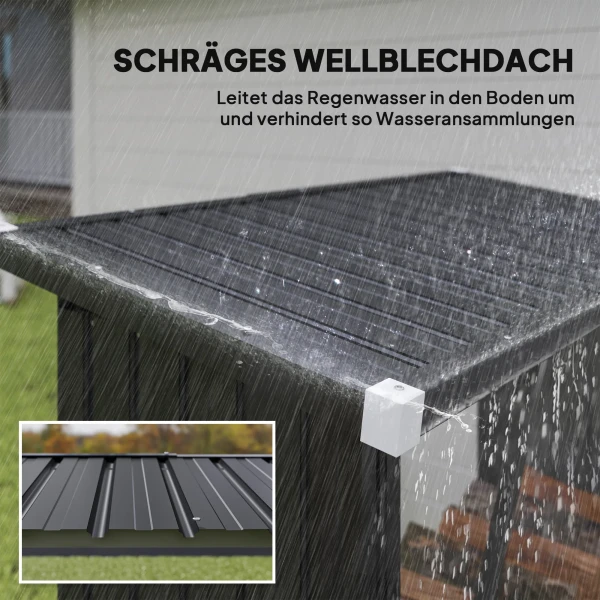 Brandhout schuur, brandhout onderstand, staal, verhoogde vloer, schuin dak, 150 x 66,5 x 150 cm, donkergrijs 7