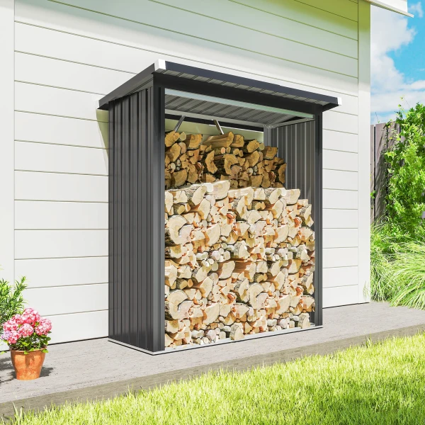 Brandhout schuur, brandhout onderstand, staal, verhoogde vloer, schuin dak, 150 x 66,5 x 150 cm, donkergrijs 9