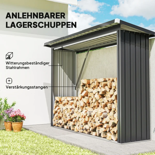 Brandhout schuur, brandhout onderstand, staal, verhoogde vloer, schuin dak, 213 x 66,5 x 150 cm, donkergrijs 5