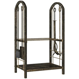 Brandhoutrek voor binnen 43 x 30 x 74cm 2 niveaus brandhoutrek met 4 openhaardgereedschap, haken 1