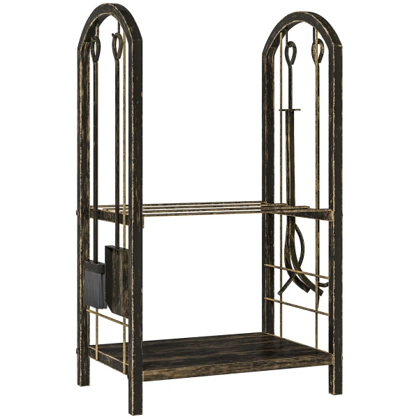 Brandhoutrek voor binnen 43 x 30 x 74cm 2 niveaus brandhoutrek met 4 openhaardgereedschap, haken 1