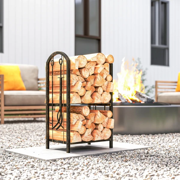 Brandhoutrek voor binnen 43 x 30 x 74cm 2 niveaus brandhoutrek met 4 openhaardgereedschap, haken 10
