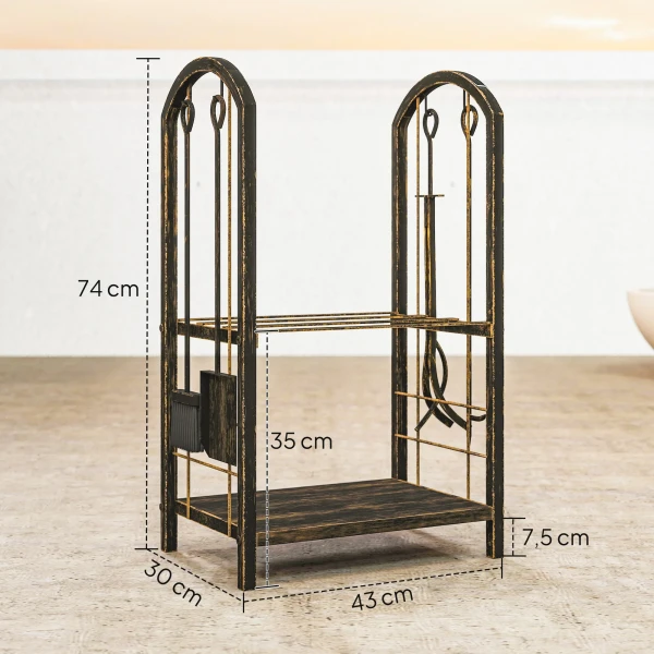 Brandhoutrek voor binnen 43 x 30 x 74cm 2 niveaus brandhoutrek met 4 openhaardgereedschap, haken 4