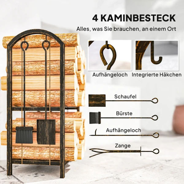 Brandhoutrek voor binnen 43 x 30 x 74cm 2 niveaus brandhoutrek met 4 openhaardgereedschap, haken 6