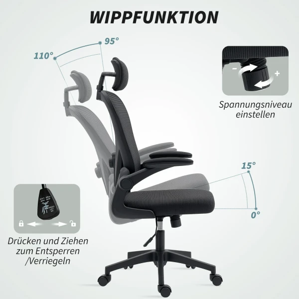 Bureaustoel ergonomische bureaustoel met opklapbare armleuningen, verstelbare lendensteun zwart 10
