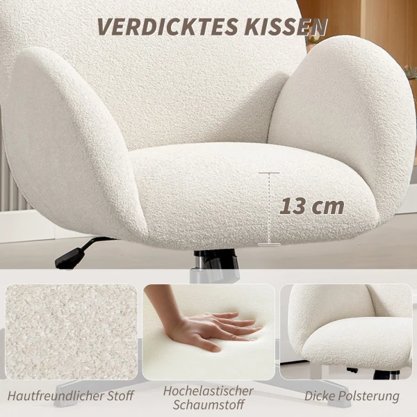 Bureaustoel met stoffen bekleding in fluweeloptiek, gestoffeerde stoel met stalen basis, in hoogte verstelbare bureaustoel, crèmewit 5