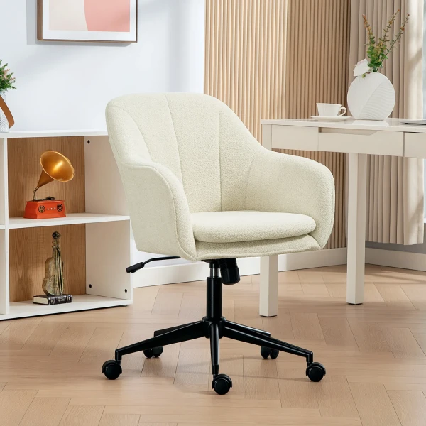 Bureaustoel met stoffen bekleding in fluweeloptiek, make up stoel met gebogen rugleuning, voor slaapkamer, woonkamer, beige 2